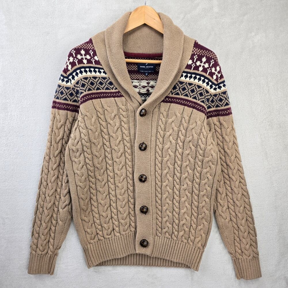 Daniel Hechter Shawl Cardigan Mens Small Beige Fair Isle Cable Knit Fisherman